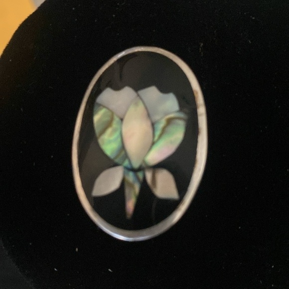 Vintage Alpaca Mexico onyx Abalone mother of pearl silver clip on earrings - Picture 6 of 7